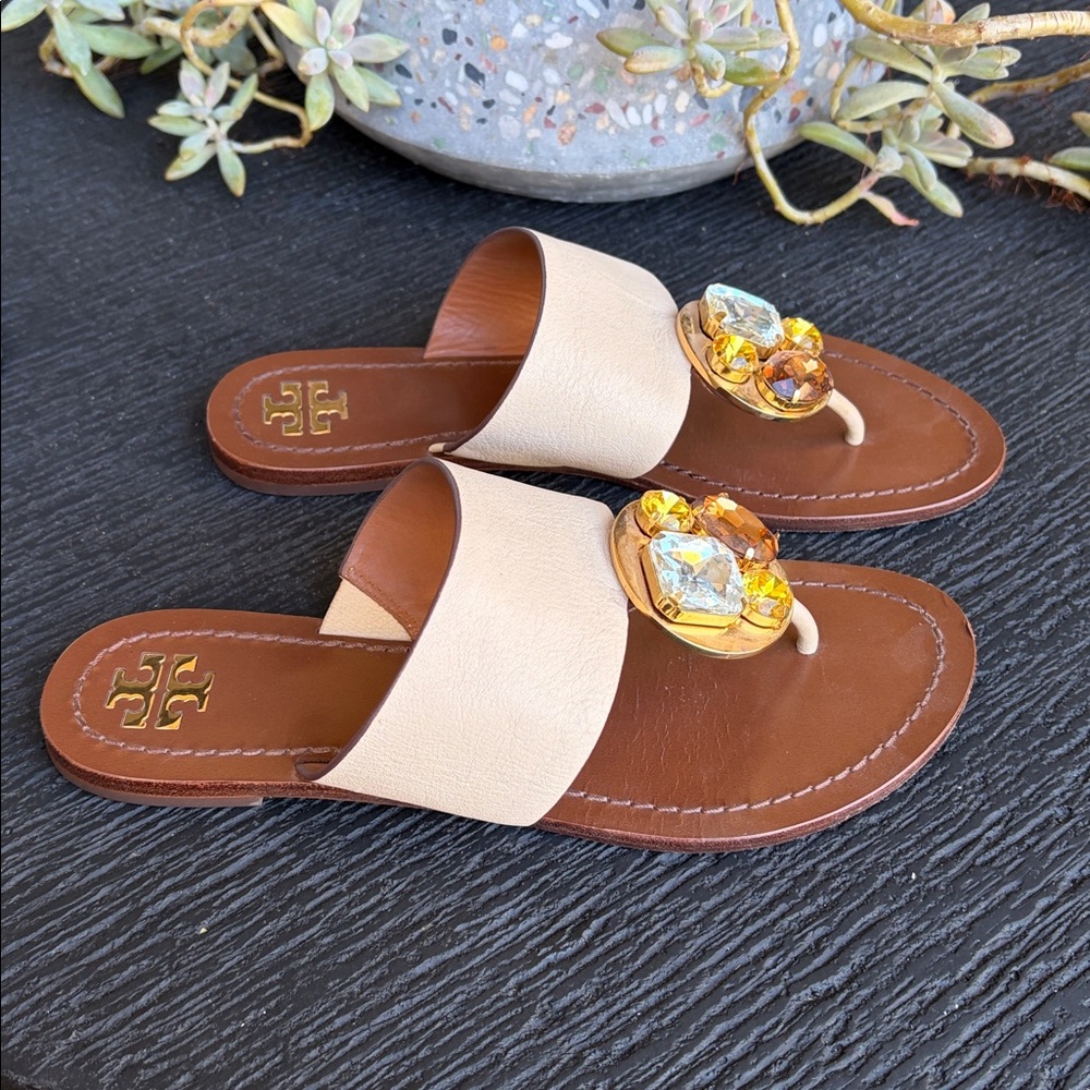 Tory Burch Tan and Gold Embellished Sandals - Picture 4 of 10